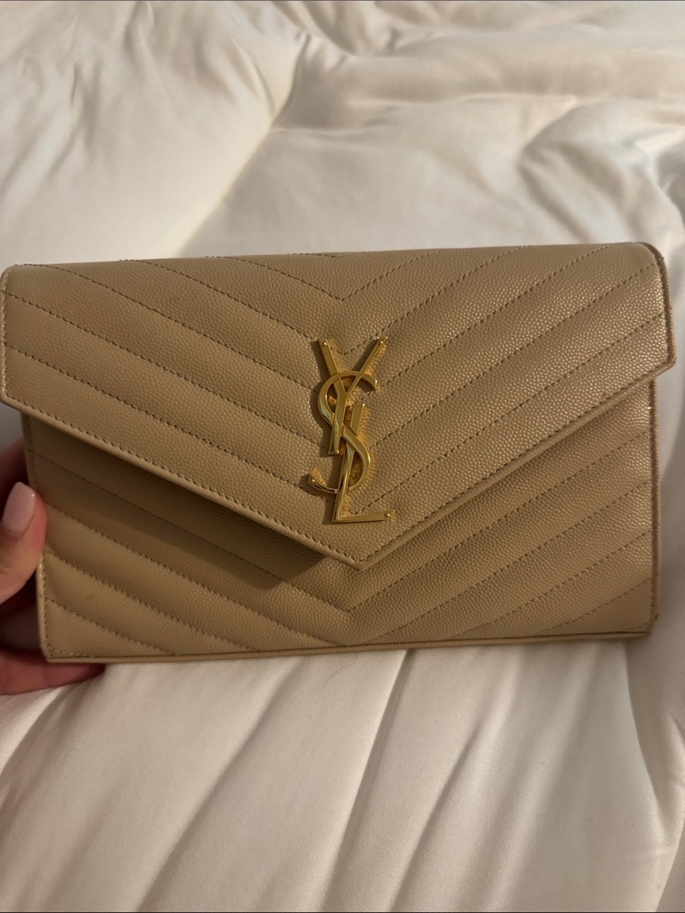 Saint Laurent Tan Quilted Leather Envelope Clutch with Gold YSL Logo